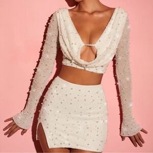 Oh Polly embellished white pearl skirt set